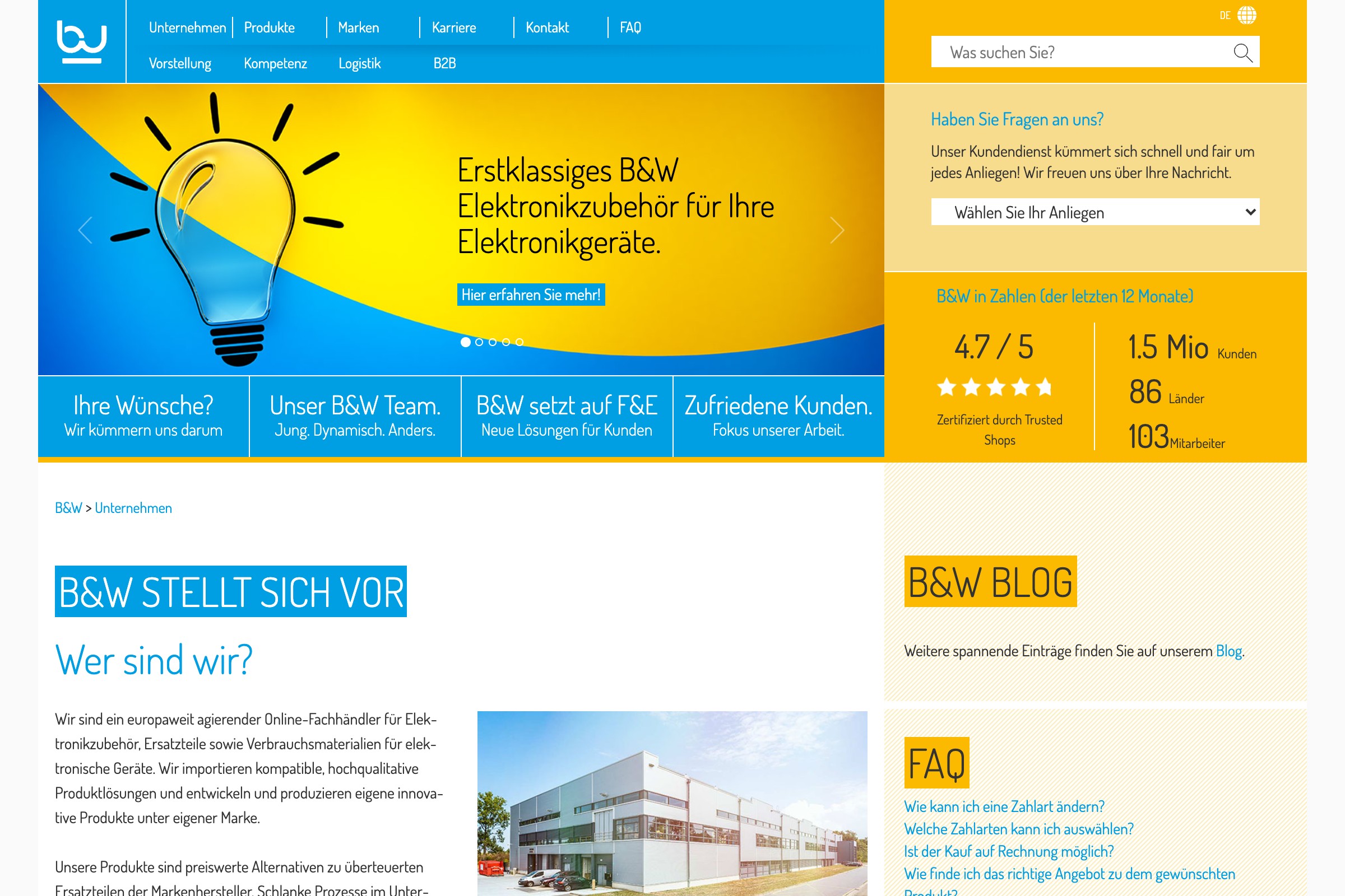 Desktop-Ansicht der B&W-Unternehmenswebsite