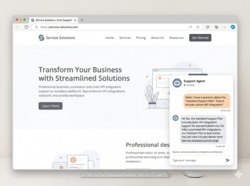 Website mit Chatbot-Widget: Ein Besucher stellt eine Frage, der Chatbot antwortet mit Quellenangabe